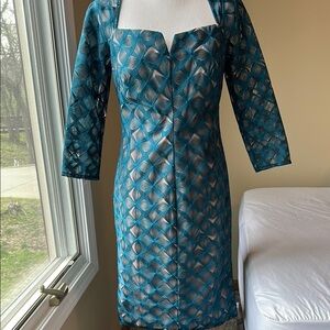 Kay Unger Elegant Teal Patterned Dress